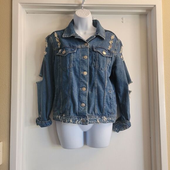 Forever 21 distressed open elbow jean denim jacket - Picture 1 of 7